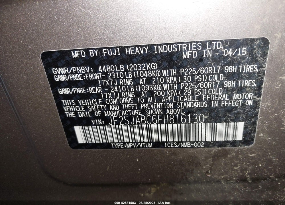 2015 SUBARU FORESTER VIN: JF2SJABC6FH816130