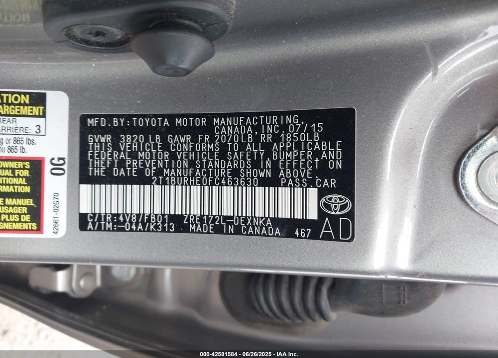 2015 TOYOTA COROLLA VIN: 2T1BURHE0FC463630