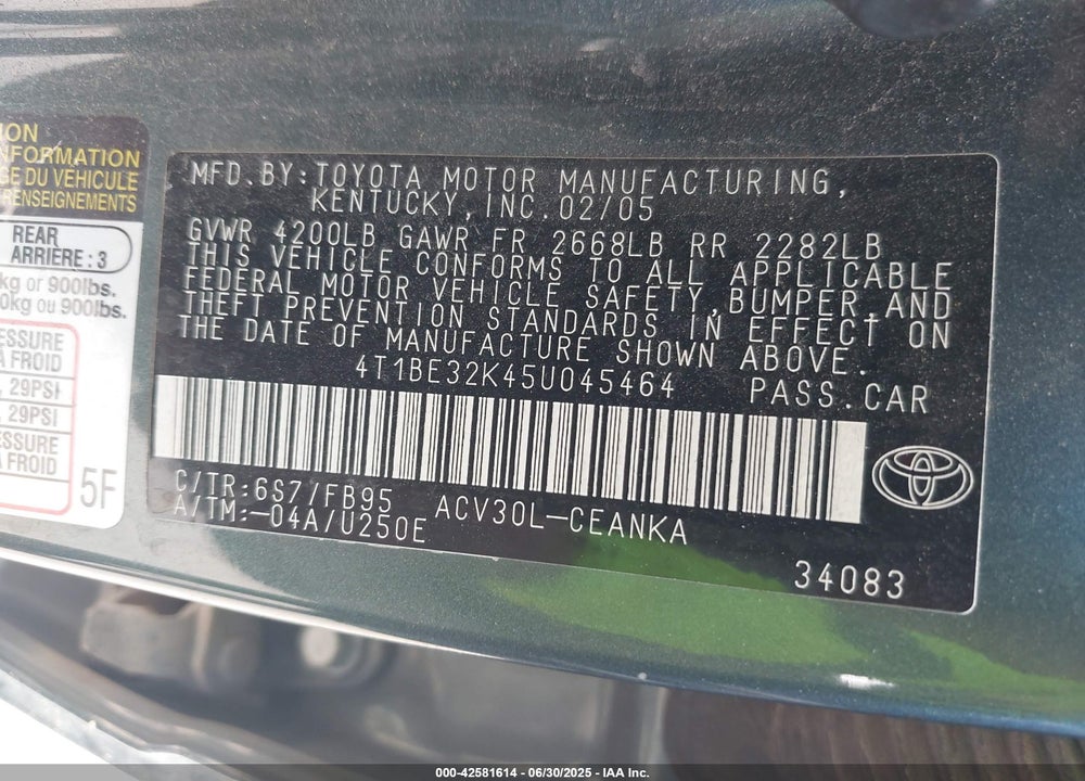 2005 TOYOTA CAMRY LE VIN: 4T1BE32K45U045464