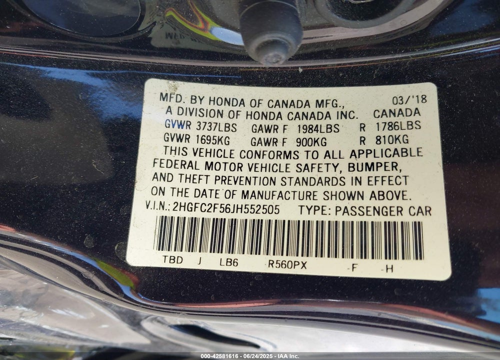 2018 HONDA CIVIC LX VIN: 2HGFC2F56JH552505