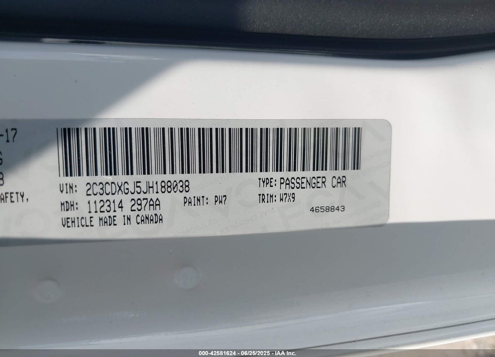 2018 DODGE CHARGER VIN: 2C3CDXGJ5JH188038