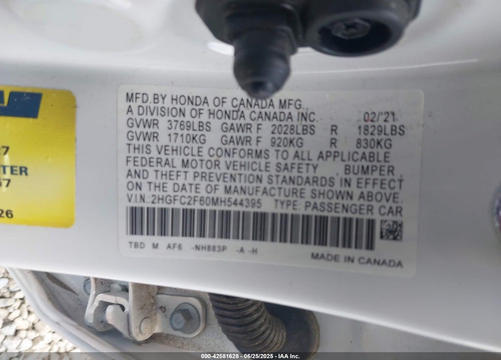 2021 HONDA CIVIC VIN: 2HGFC2F60MH544395