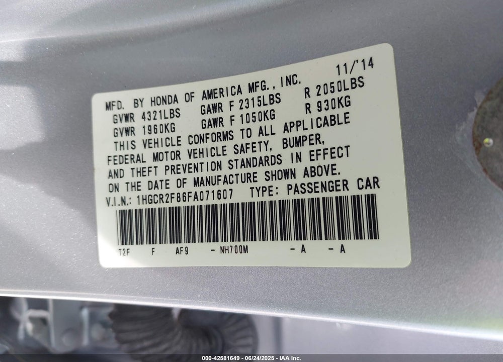 2015 HONDA ACCORD VIN: 1HGCR2F86FA071607