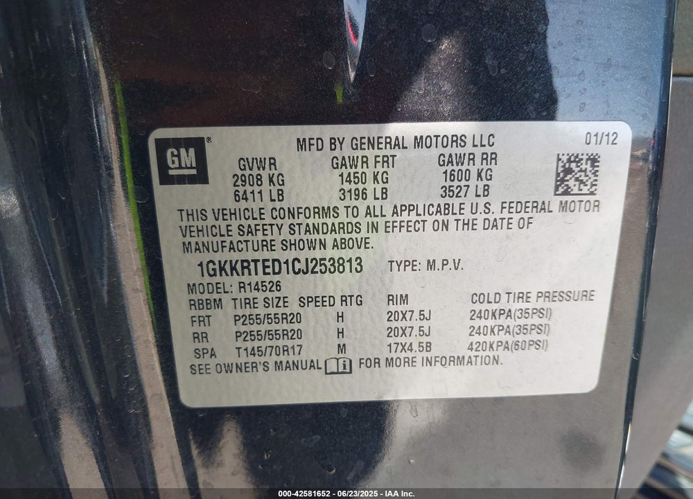 2012 GMC ACADIA VIN: 1GKKRTED1CJ253813