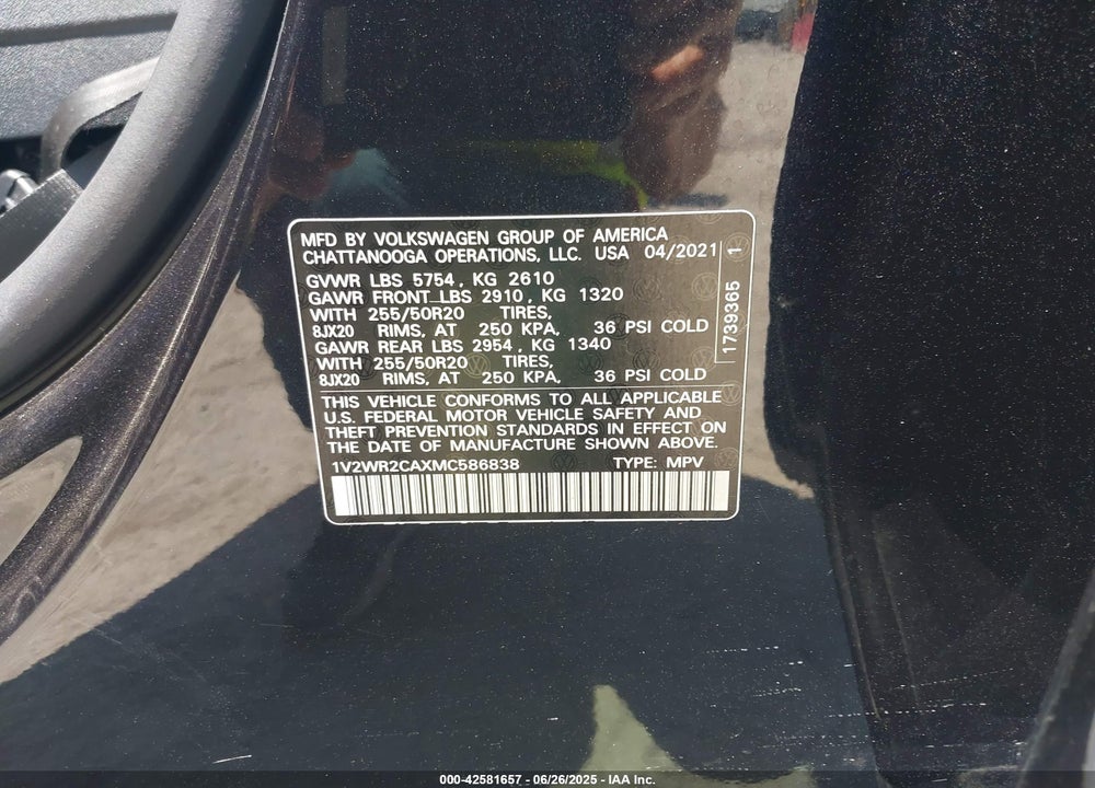 2021 VOLKSWAGEN ATLAS 3.6L V6 SE W/TECHNOLOGY VIN: 1V2WR2CAXMC586838