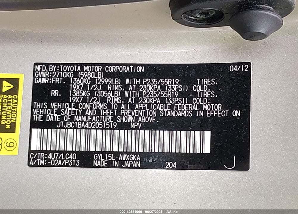 2013 LEXUS RX 450H VIN: JTJBC1BA4D2051519