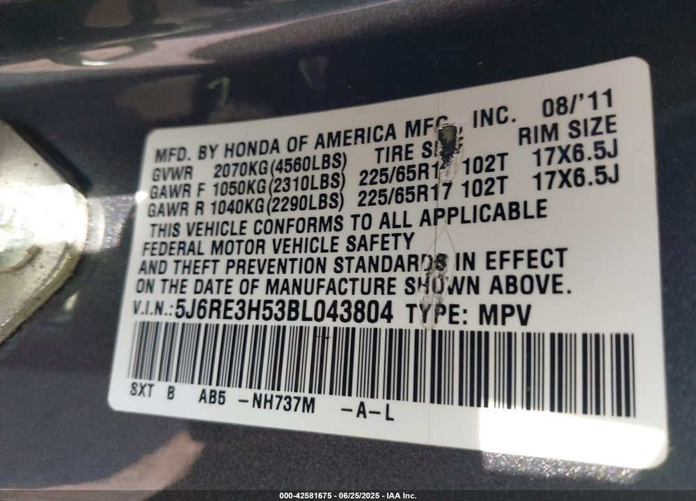 2011 HONDA CR-V VIN: 5J6RE3H53BL043804