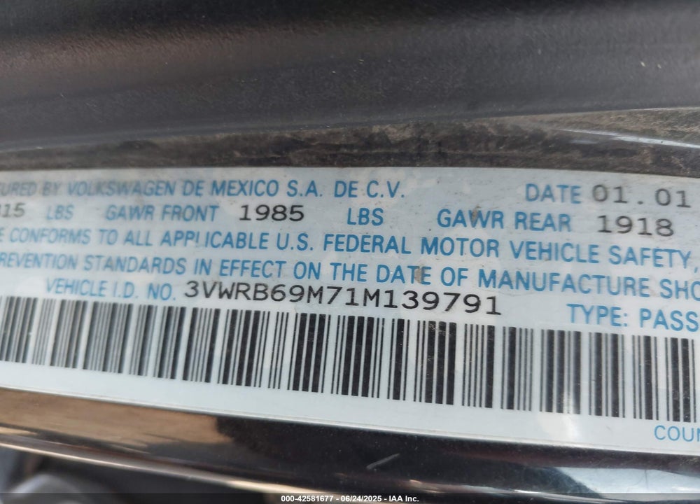 2001 VOLKSWAGEN JETTA GL VIN: 3VWRB69M71M139791