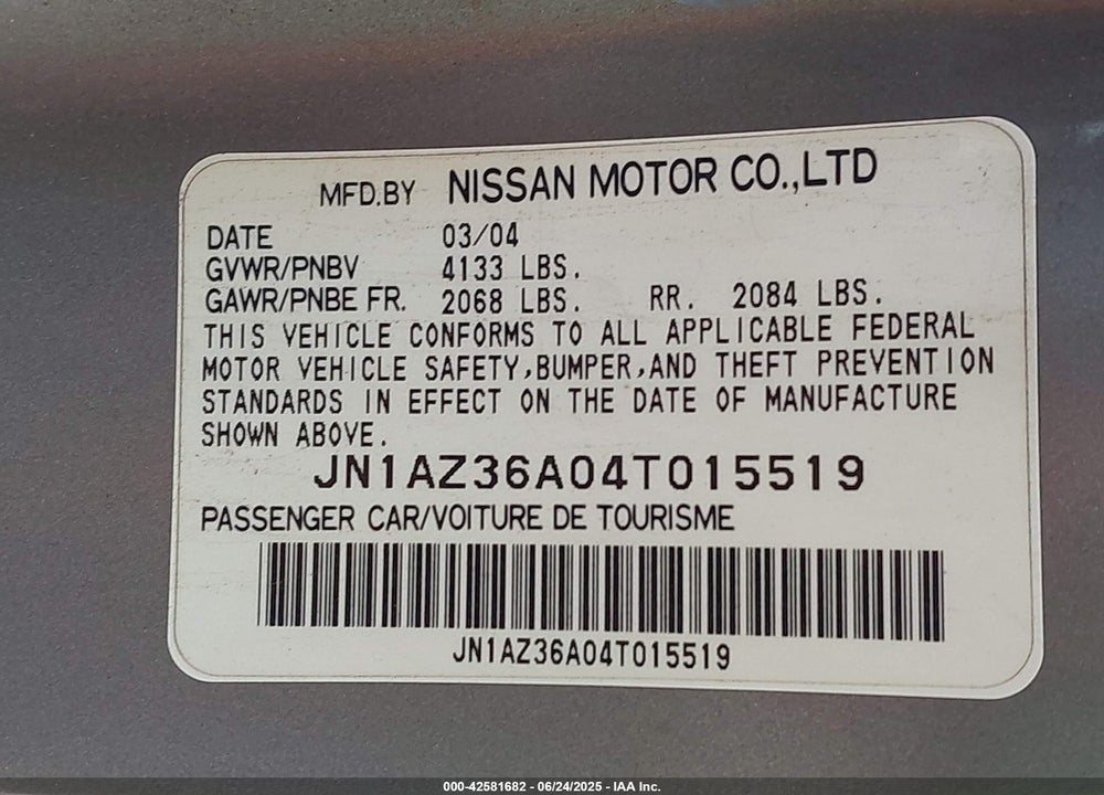 2004 NISSAN 350Z VIN: JN1AZ36A04T015519