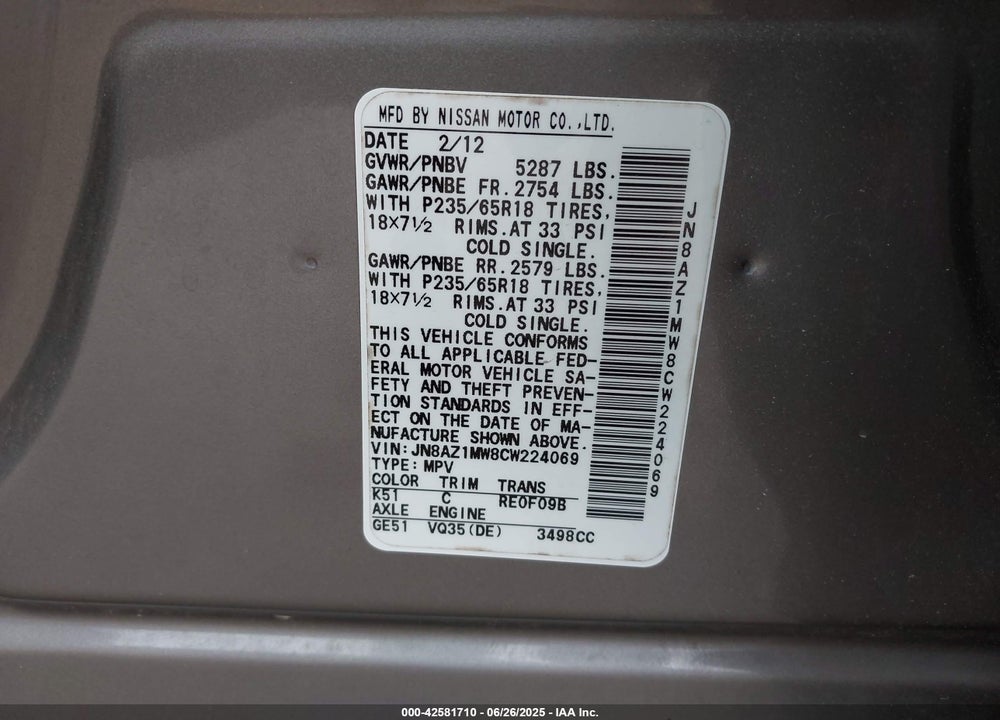 2012 NISSAN MURANO VIN: JN8AZ1MW8CW224069