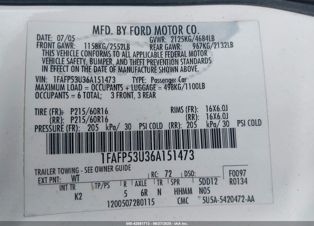 2006 FORD TAURUS SE VIN: 1FAFP53U36A151473