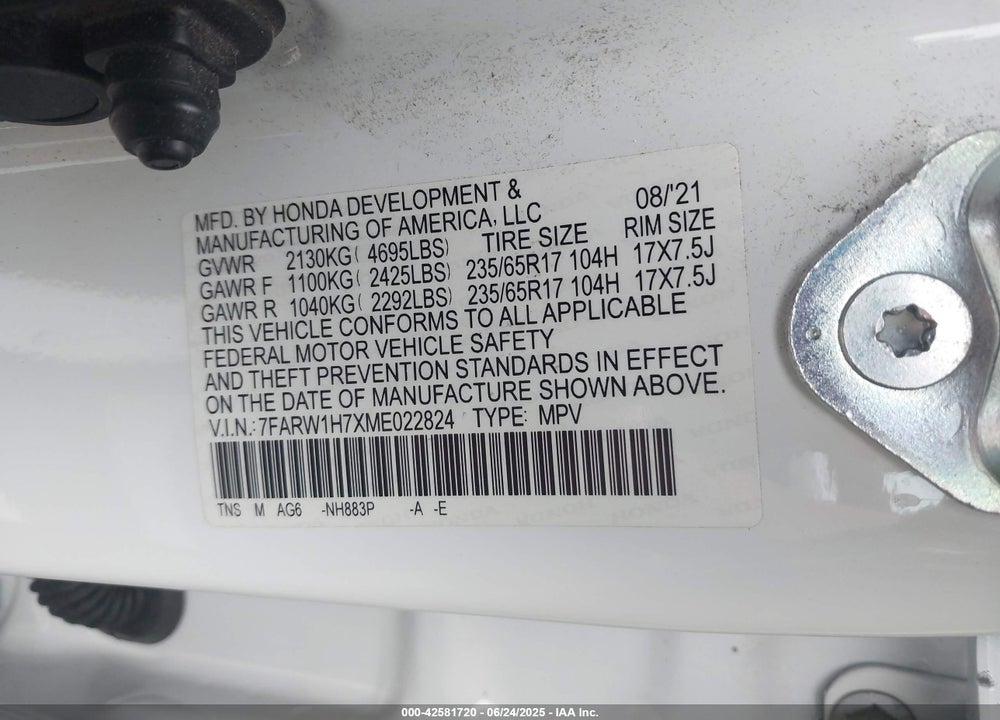 2021 HONDA CR-V VIN: 7FARW1H7XME022824