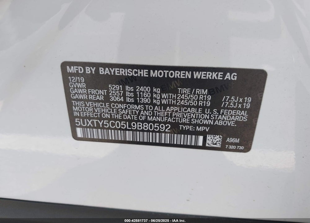 2020 BMW X3 VIN: 5UXTY5C05L9B80592