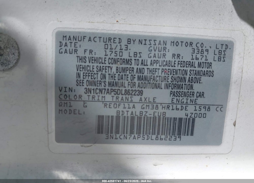 2013 NISSAN VERSA 1.6 SV VIN: 3N1CN7AP5DL862239