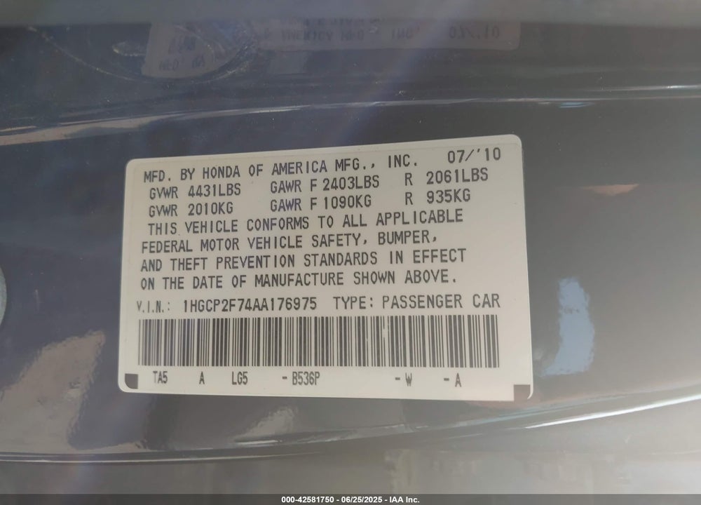 2010 HONDA ACCORD 2.4 EX VIN: 1HGCP2F74AA176975