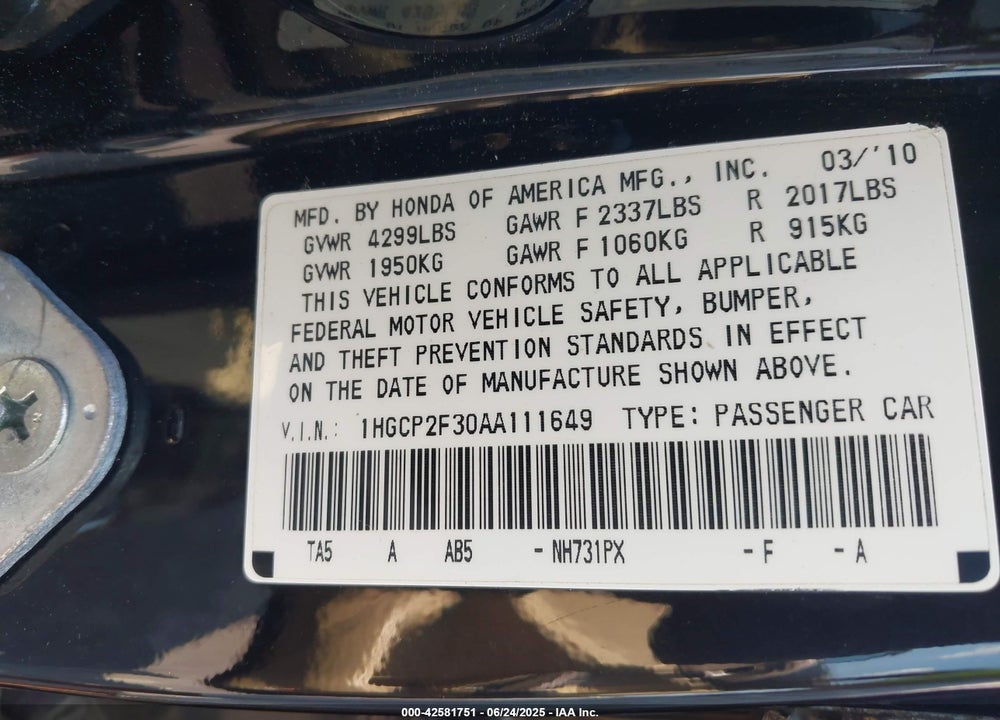 2010 HONDA ACCORD VIN: 1HGCP2F30AA111649
