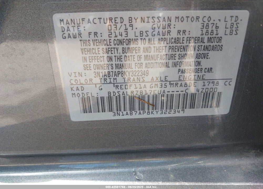 2019 NISSAN SENTRA VIN: 3N1AB7AP8KY322349