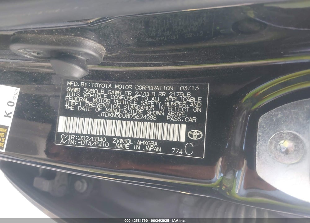 2013 TOYOTA PRIUS VIN: JTDKN3DU8D5624288