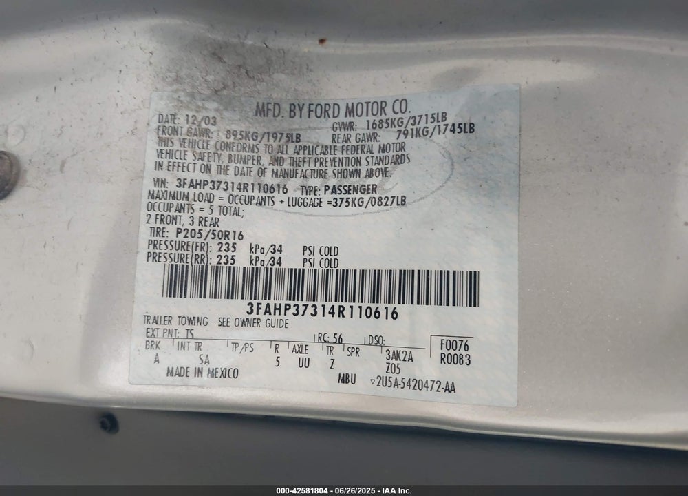 2004 FORD FOCUS ZX5 VIN: 3FAHP37314R110616