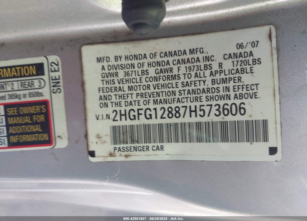 2007 HONDA CIVIC VIN: 2HGFG12887H573606