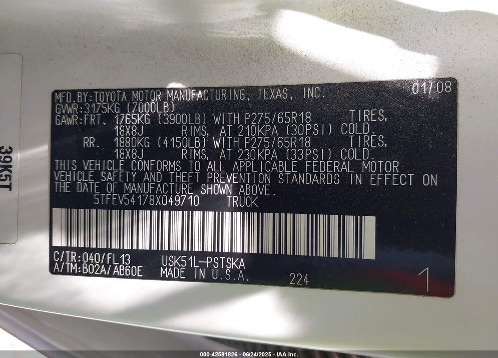 2008 TOYOTA TUNDRA SR5 5.7L V8 VIN: 5TFEV54178X049710