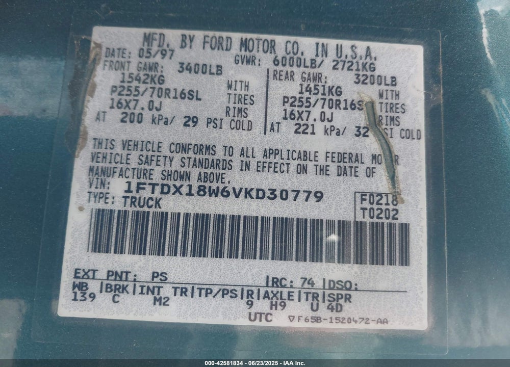 1997 FORD F-150 LARIAT/XL/XLT VIN: 1FTDX18W6VKD30779