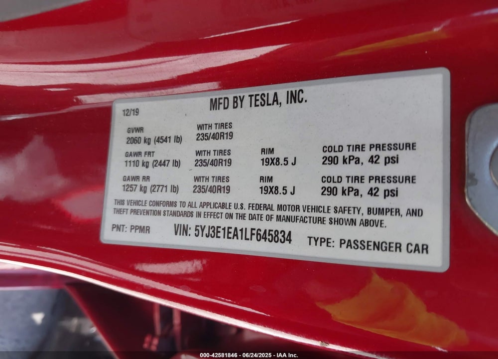 2020 TESLA MODEL 3 VIN: 5YJ3E1EA1LF645834