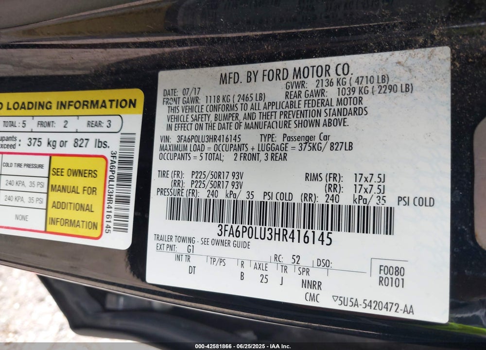 2017 FORD FUSION HYBRID VIN: 3FA6P0LU3HR416145