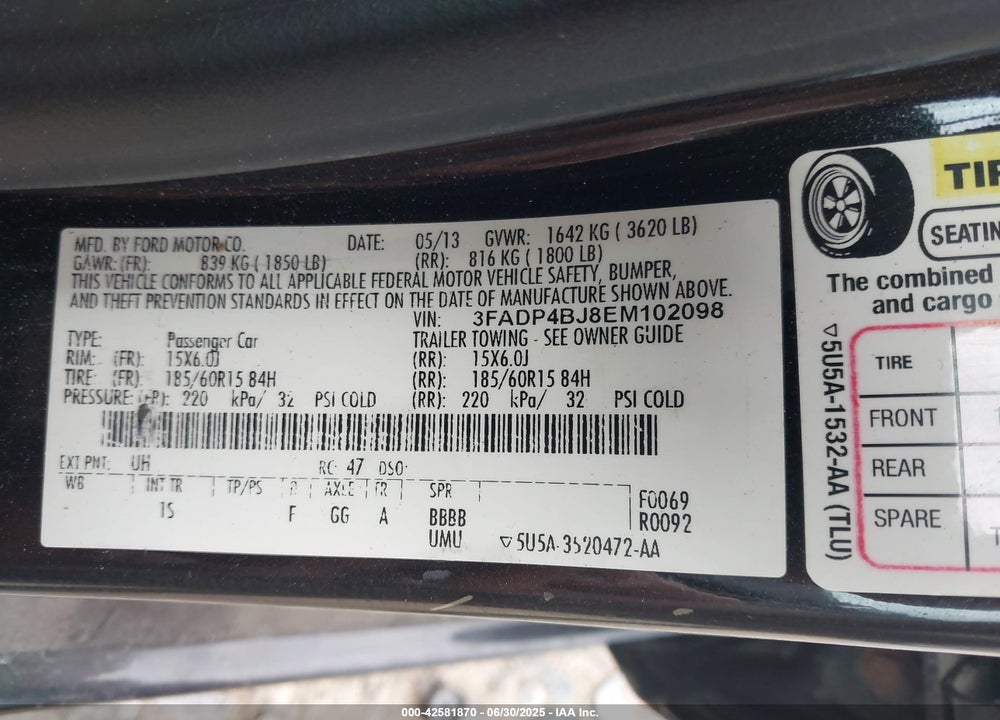 2014 FORD FIESTA VIN: 3FADP4BJ8EM102098