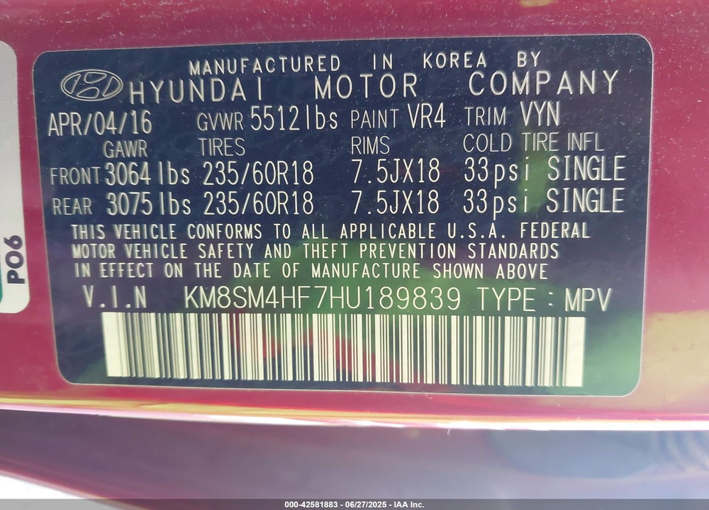 2017 HYUNDAI SANTA FE VIN: KM8SM4HF7HU189839
