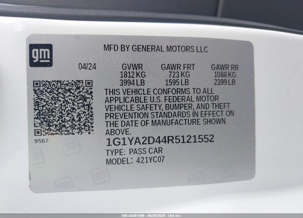 2024 CHEVROLET CORVETTE STINGRAY VIN: 1G1YA2D44R5121552