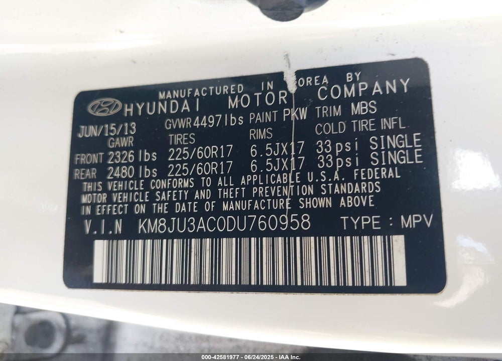 2013 HYUNDAI TUCSON VIN: KM8JU3AC0DU760958