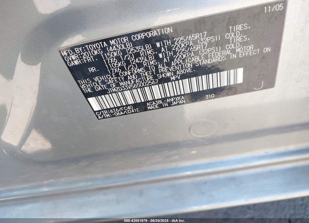 2006 TOYOTA RAV4 VIN: JTMZD33V565002567