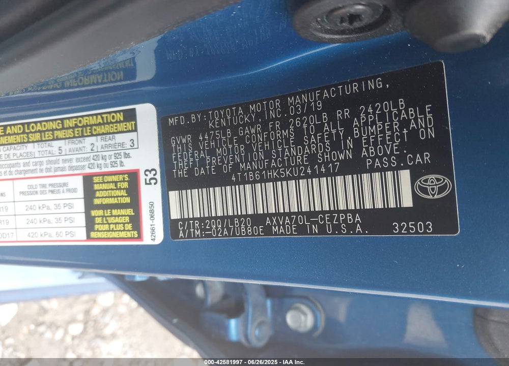 2019 TOYOTA CAMRY VIN: 4T1B61HK5KU241417