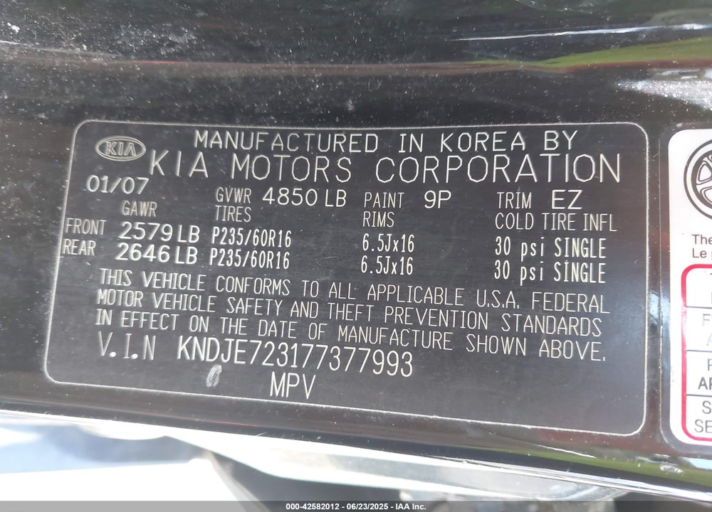 2007 KIA SPORTAGE EX V6 VIN: KNDJE723177377993