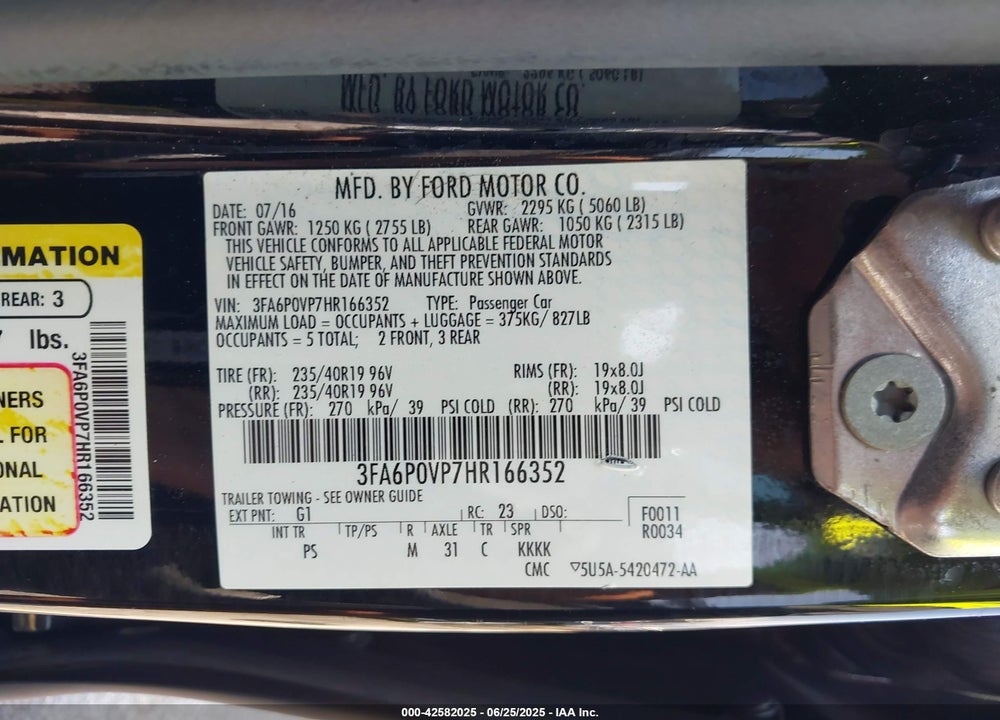 2017 FORD FUSION VIN: 3FA6P0VP7HR166352