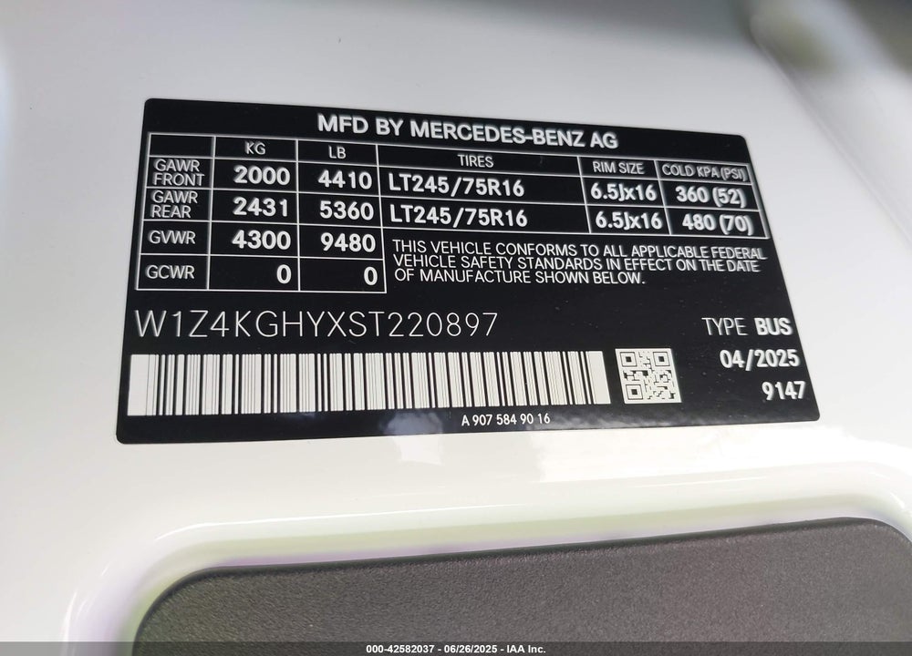 2025 MERCEDES-BENZ SPRINTER 2500 HIGH ROOF 4-CYL DIESEL VIN: W1Z4KGHYXST220897