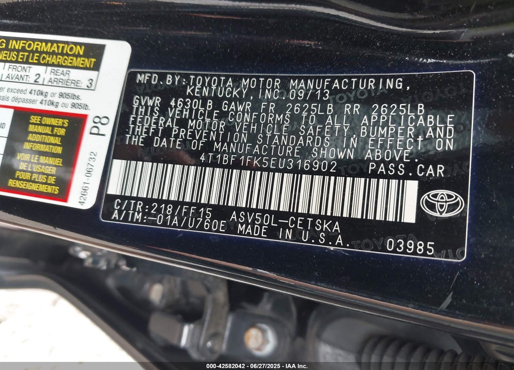 2014 TOYOTA CAMRY VIN: 4T1BF1FK5EU316902