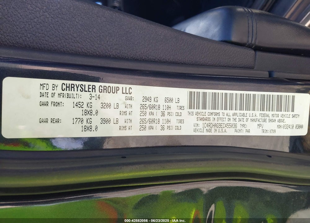 2014 DODGE DURANGO VIN: 1C4RDHAG9EC455036