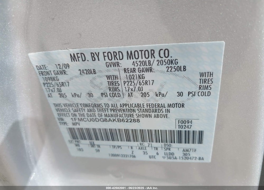 2010 FORD ESCAPE XLT VIN: 1FMCU0DG8AKB62288