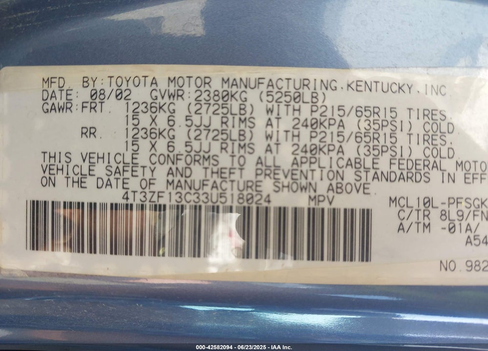 2003 TOYOTA SIENNA LE VIN: 4T3ZF13C33U518024