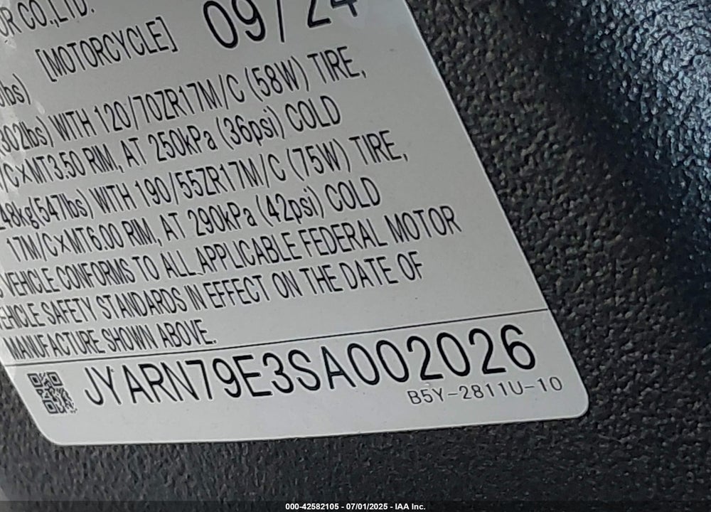 2025 YAMAHA MTN1000 VIN: JYARN79E3SA002026