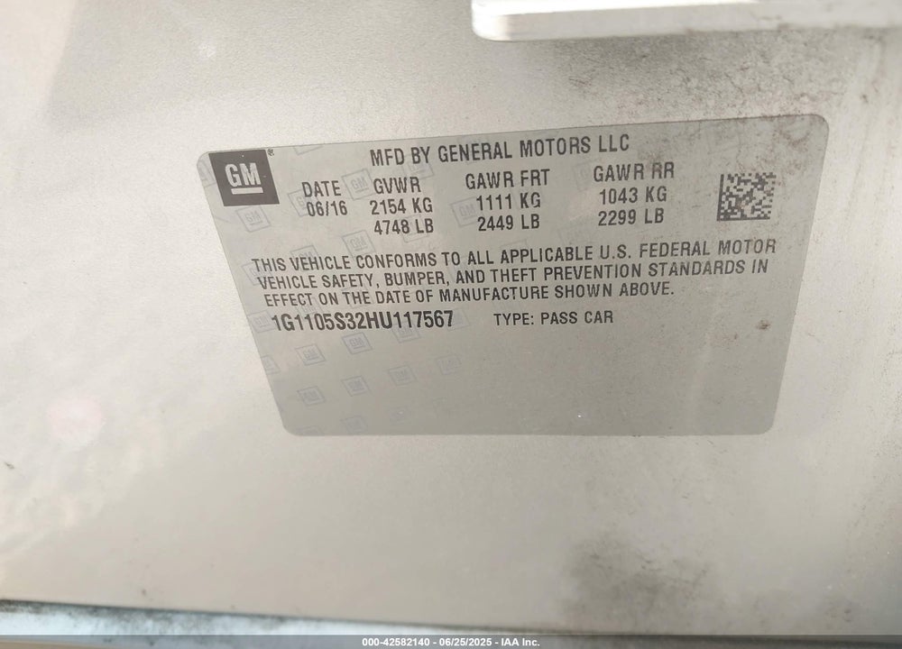 2017 CHEVROLET IMPALA 1LT VIN: 1G1105S32HU117567