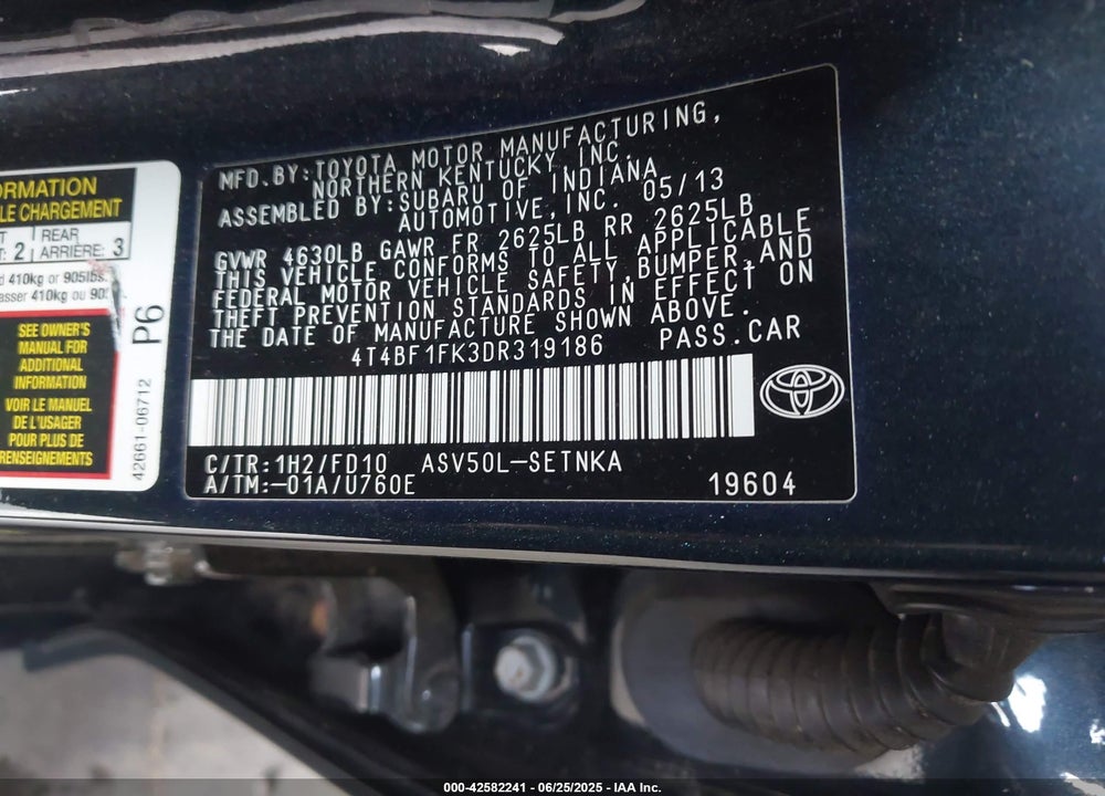 2013 TOYOTA CAMRY VIN: 4T4BF1FK3DR319186