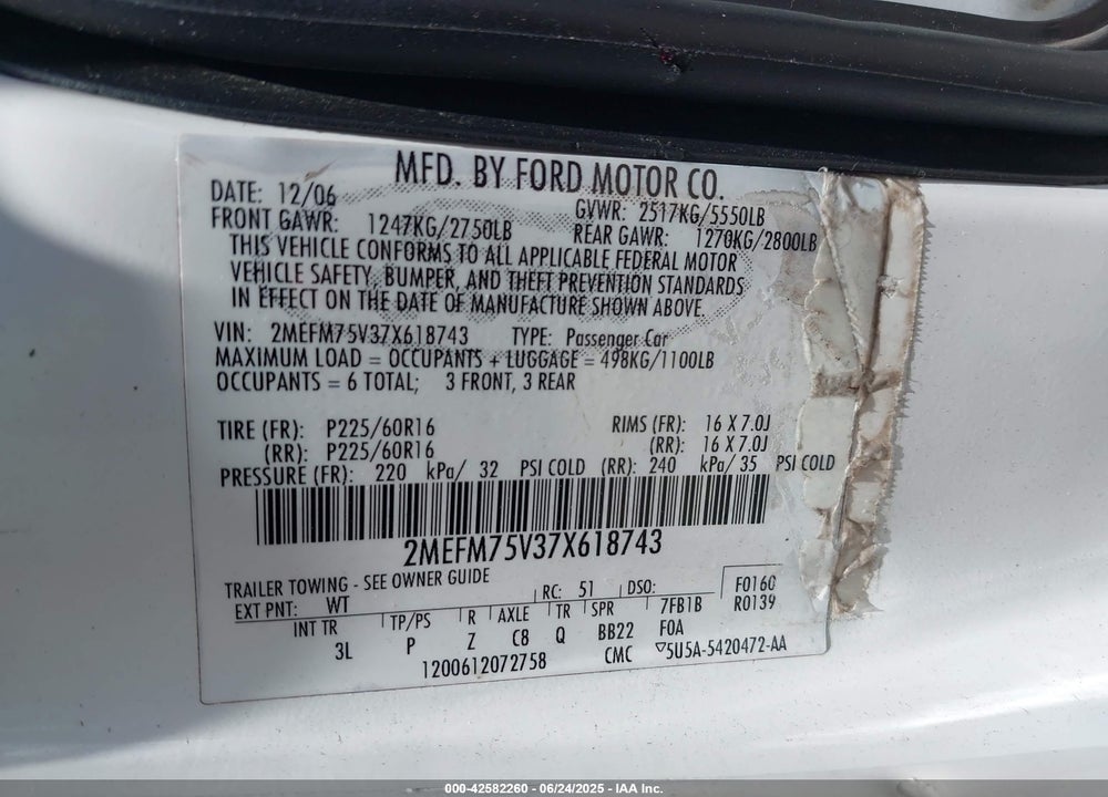 2007 MERCURY GRAND MARQUIS VIN: 2MEFM75V37X618743