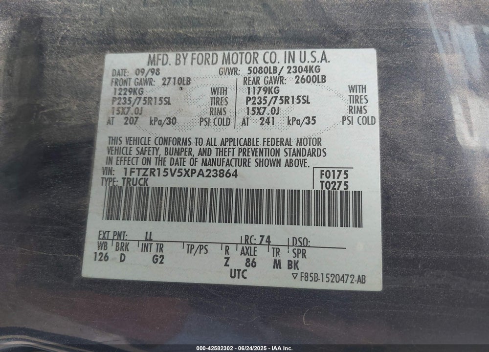 1999 FORD RANGER XL/XLT VIN: 1FTZR15V5XPA23864