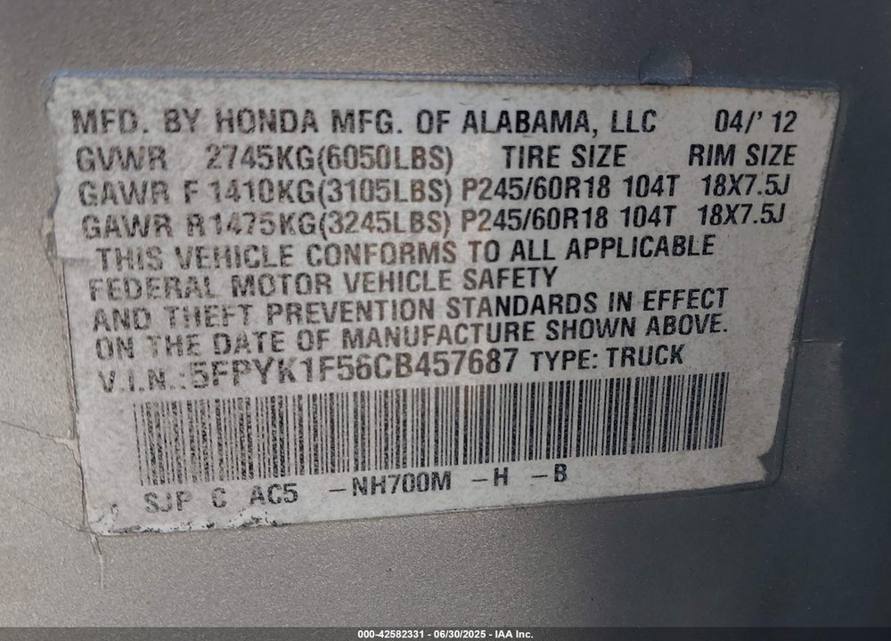 2012 HONDA RIDGELINE VIN: 5FPYK1F56CB457687