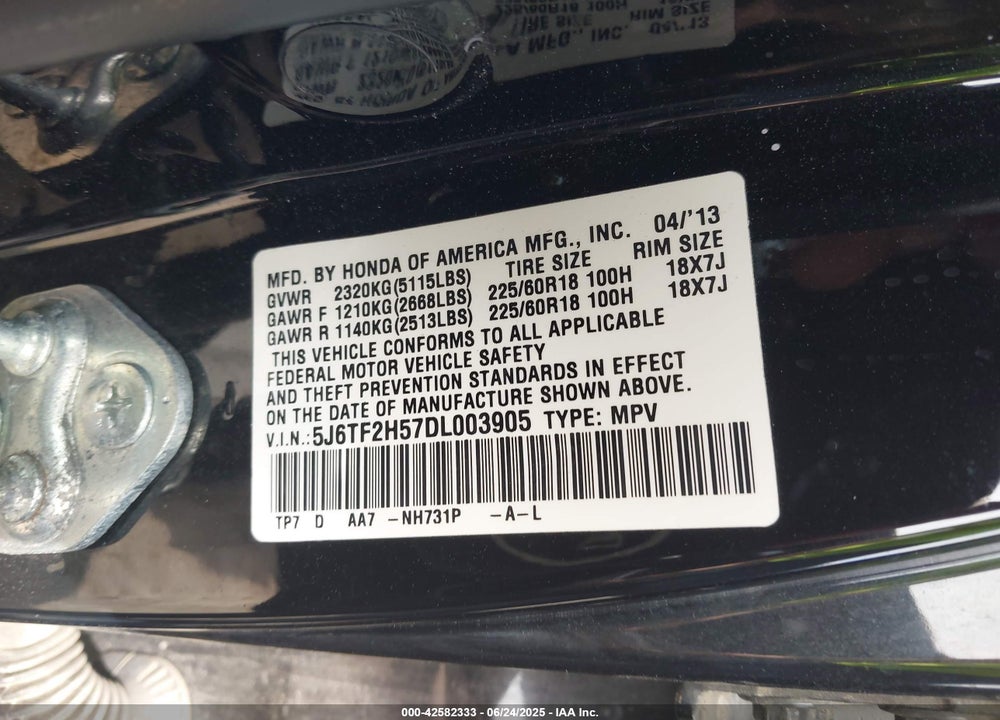 2013 HONDA CROSSTOUR VIN: 5J6TF2H57DL003905