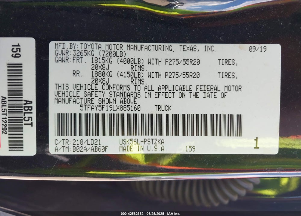 2020 TOYOTA TUNDRA 1794 EDITION VIN: 5TFAY5F19LX885160