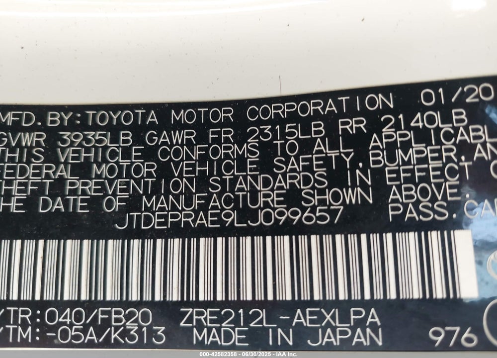 2020 TOYOTA COROLLA VIN: JTDEPRAE9LJ099657